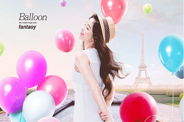梦幻三八妇女节气球清新阳光女孩创意场景PSD海报模板