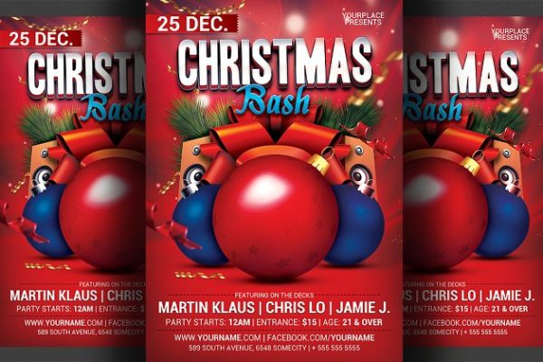 喜庆主题风格圣诞球活动海报模板 Christmas Bash Party Flyer Template