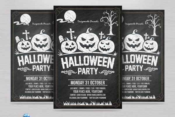 万圣节活动宣传手绘粉笔画海报模板 Halloween Chalk Flyer