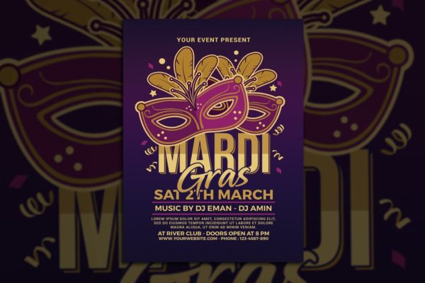 狂欢节面具舞会传单海报设计模板 Mardi Gras Flyer