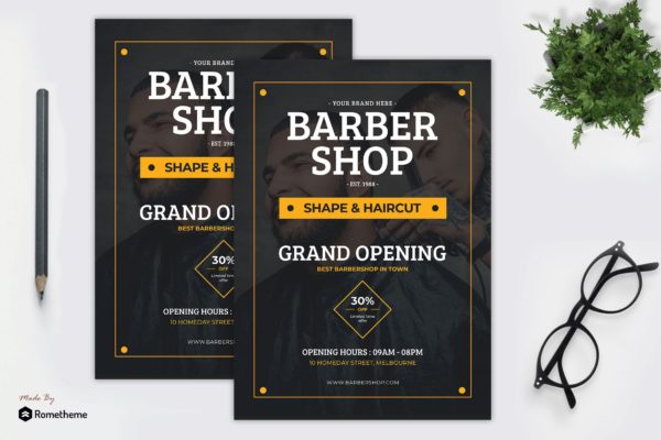 理发店开业活动广告海报传单设计模板 Barbershop – Grand Opening Flyer Template