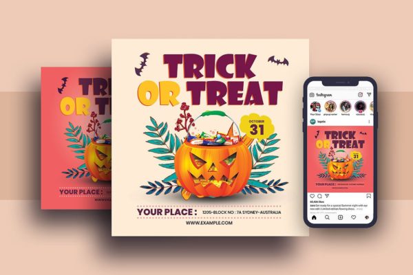 万圣节不给糖就捣蛋主题传单设计模板&Instagram社交设计素材 Halloween Trick Or Treat Flyer & Instagram Post