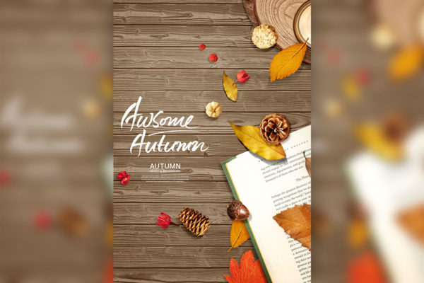 秋天元素&木纹背景海报图片psd素材