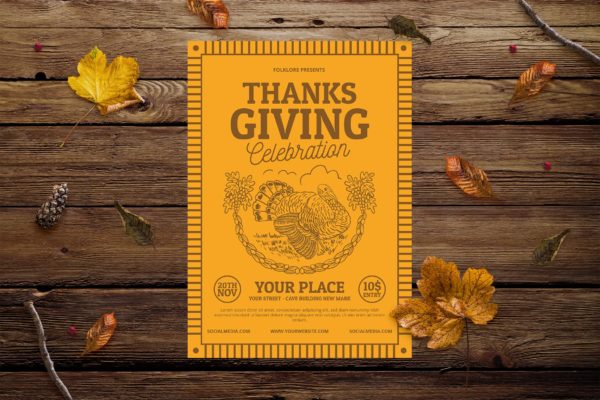 复古设计风格感恩节活动邀请海报设计模板 Vintage Thanksgiving Invitation