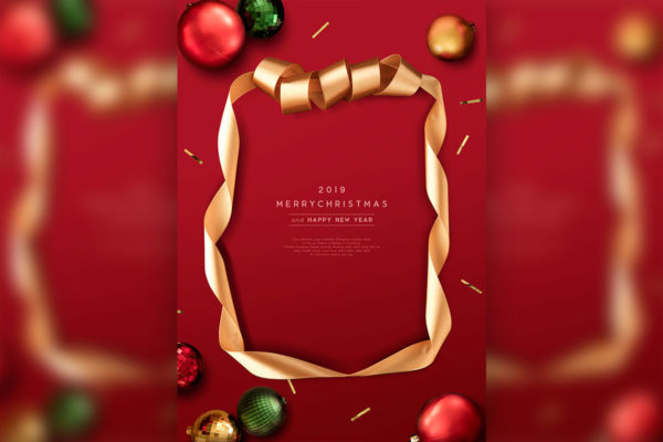 金丝带相框圣诞派对活动邀请海报/传单模板