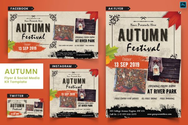 复古设计风格秋季节日主题传单设计和社交媒体素材包04 Autumn Festival Flyer & Social Media Pack-04