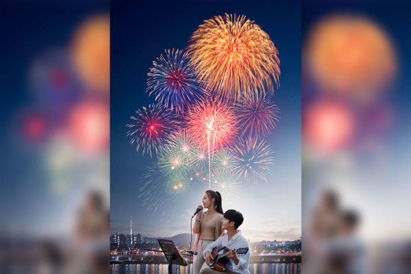 海边音乐会璀璨烟花背景海报psd模板