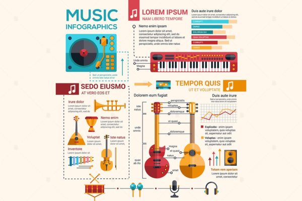 音乐/乐器主题信息图表扁平设计风格海报模板 Musical illustration – flat design style poster