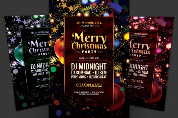 圣诞树背景圣诞节活动海报传单设计模板 Merry Christmas Party Flyer