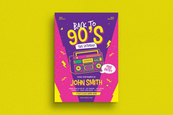 90年代广播音乐主题孟菲斯风格海报传单设计模板 90s Radio Music Flyer