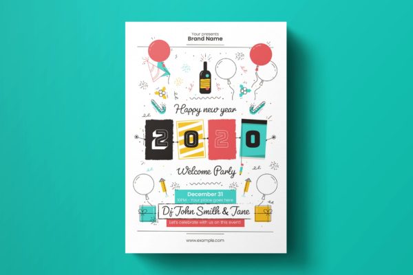 2020年新年主题活动孟菲斯风格海报传单设计模板 New Year Flyer Template