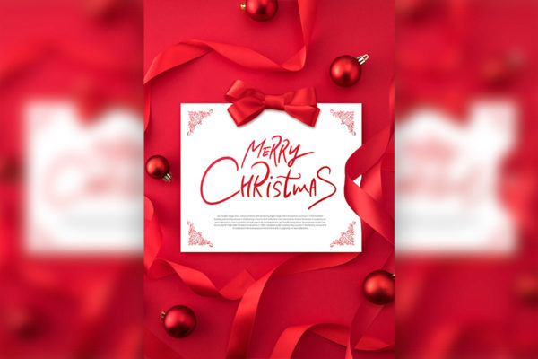 大红丝带背景圣诞祝福问候海报卡片psd素材