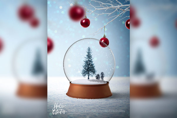 透明玻璃雪球冬季圣诞主题海报设计模板