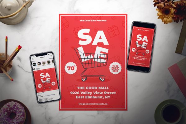 大红色年终大促活动宣传海报传单模板 Winter Sale Flyer