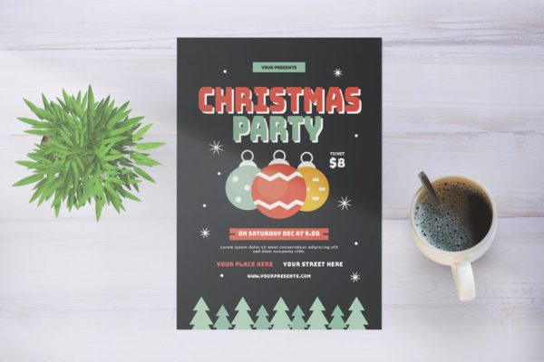 圣诞装饰球圣诞节派对邀请海报传单模板 Christmas Party