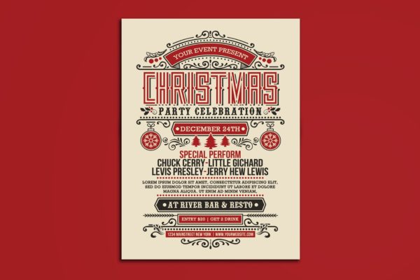 复古装饰艺术风格圣诞节派对海报传单模板 Chirstmas Party Vintage Art Deco Stlye