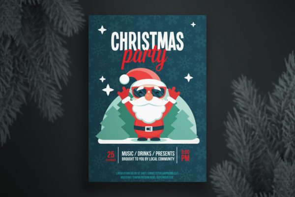 戴墨镜的圣诞老人圣诞节派对海报设计模板 Christmas party flyer template