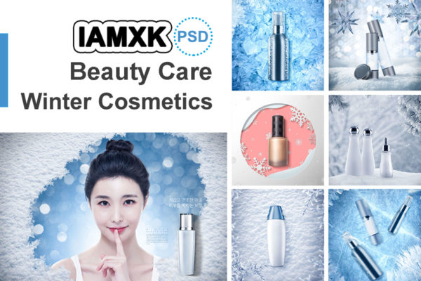 雪花背景冬季美容护肤品广告海报模板套装[PSD]