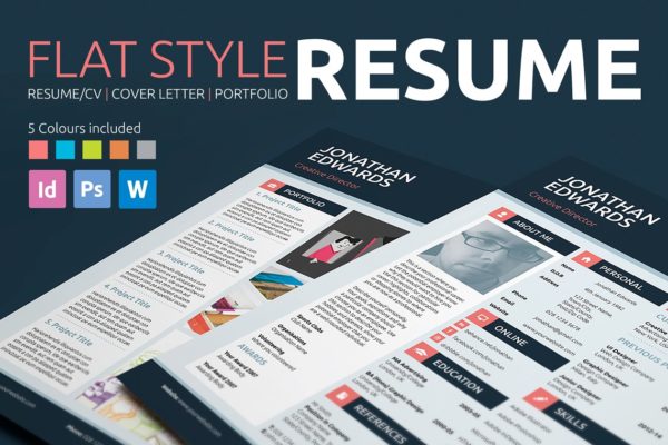 多种配色扁平风格专业设计师高端简历设计模板 Resume/CV – Flat Style