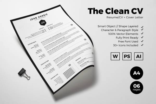 黑白配色简约个人高端简历设计模板 The Clean CV