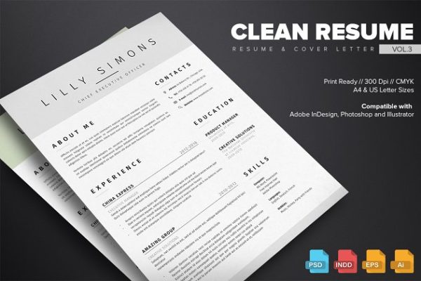清新简约个人高端简历设计模板v3 Clean Resume Template Vol.3