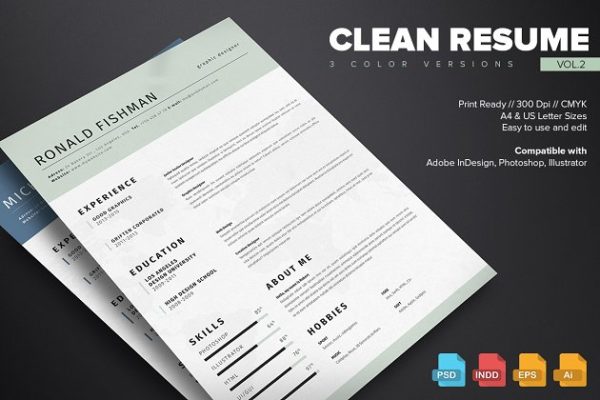 简约风格职场高端简历设计模板素材v2 Clean Resume Template Vol.2