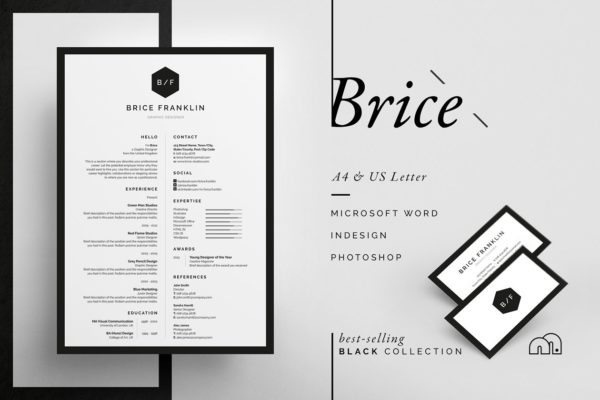 居中垂直排版风格个人高端简历设计模板 Brice – Resume/CV