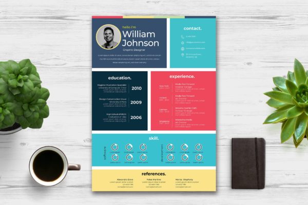彩色方块拼凑版式设计个人高端简历设计模板 Creative Cv Resume