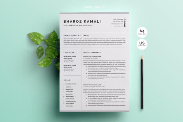 一份4页清爽明了的高端简历设计模板 Resume/CV Template 4 Pages Pack