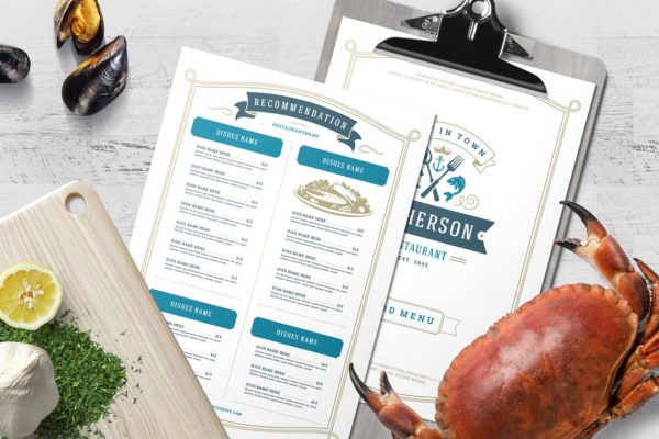 海鲜餐厅菜单设计PSD模板素材&店招模板 Seafood Menu Template and Logo