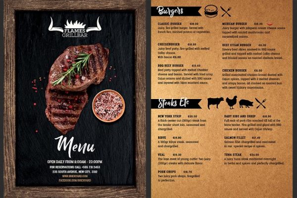 烧烤餐厅菜单传单模板 Grill Restaurant Menu Flyer Template
