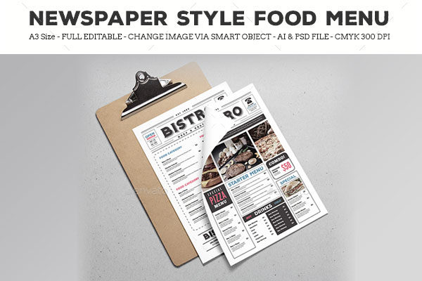 独特报纸式的食物菜单设计PSD模板素材下载 Newspaper Style Food Menu [ai,psd]