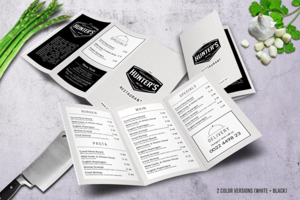 极简主义折页菜单设计PSD模板素材 Minimal A4 Trifold Menu – 2 Color Versions