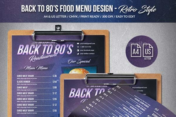 复古风格的食物菜单设计PSD模板素材设计 Back To 80’s Food Menu – A4 & US Letter [psd]