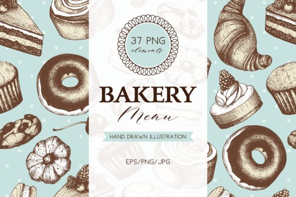 复古面包店手绘素描插画素材汇总 Vintage Bakery Menu Designs & Sketch