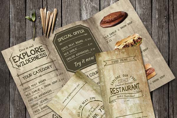 老式复古的三折页食物菜单设计PSD模板素材下载 Vintage Old A4 Trifold Menu [psd]