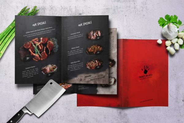 对折页食谱菜单暗黑料理模板 There’s no Hell Bifold A4 & US Letter Menu