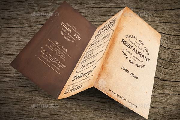 老式餐厅三折页菜单设计PSD模板素材 Old Style A4 Trifold Food Menu [psd]