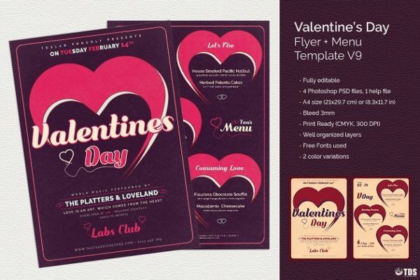 情人节专题菜单+传单PSD模板汇总V9 Valentines Day Flyer + Menu PSD V9