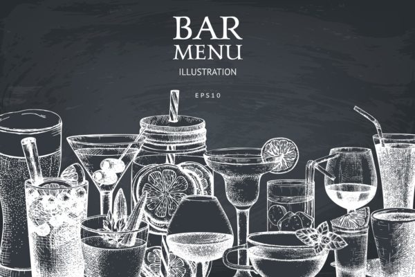 复古手绘酒吧冷饮黑板粉笔画 Vector Bar Menu On Chalkboard