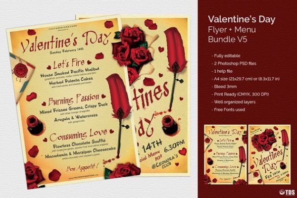 情人节主题传单+菜单PSD模板设计素材 V5 Valentines Day Flyer+Menu PSD V5