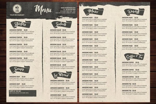 现代乡村餐厅双面菜单设计PSD模板素材 Rustic Restaurant Menu Template