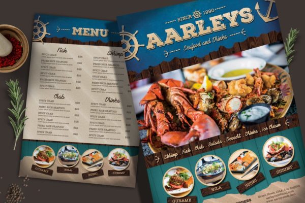 海鲜美食餐厅菜谱传单/菜单PSD模板设计素材 Seafood Menu