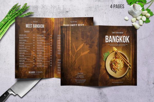 复古双折餐厅菜单设计PSD模板素材 Thai A4 and US Letter Bifold Food Menu