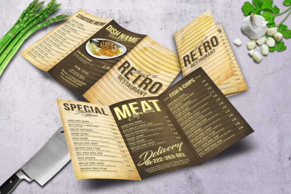 80年代复古三折页西餐厅菜单设计PSD模板素材 80’s Retro Trifold A4 & US Letter Menu