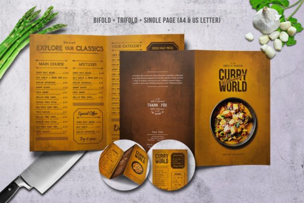 咖喱美食复古餐饮菜单PSD模板设计素材下载 Curry World Retro Menu Bundle