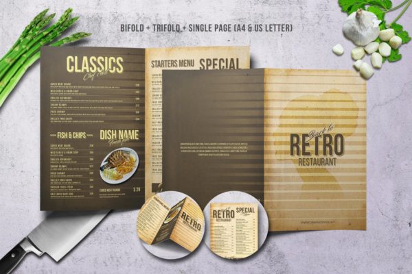 80年代复古西餐菜单PSD模板设计素材 80s Retro Menu Bundle US Letter & A4