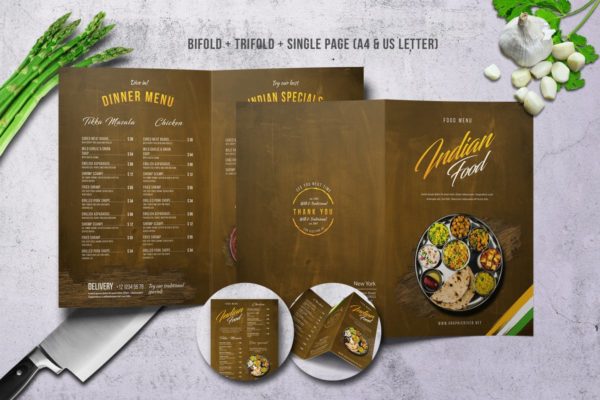 印度乡村美食菜单PSD模板设计素材套装 Indian A4 & US Letter Food Menu Bundle