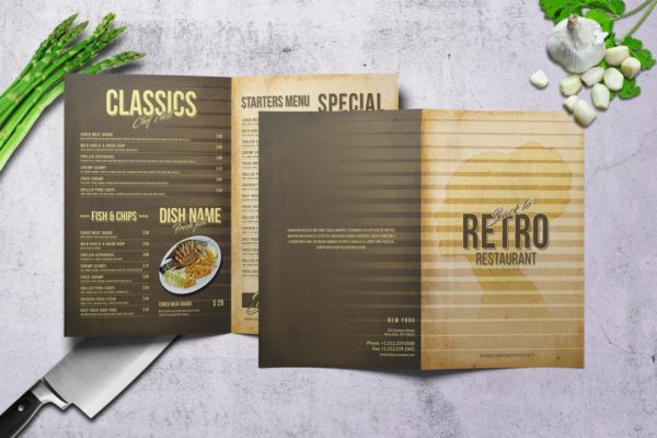 80年代复古设计风格双折页菜单PSD模板设计素材 80’s Retro Bifold A4 & US Letter Menu