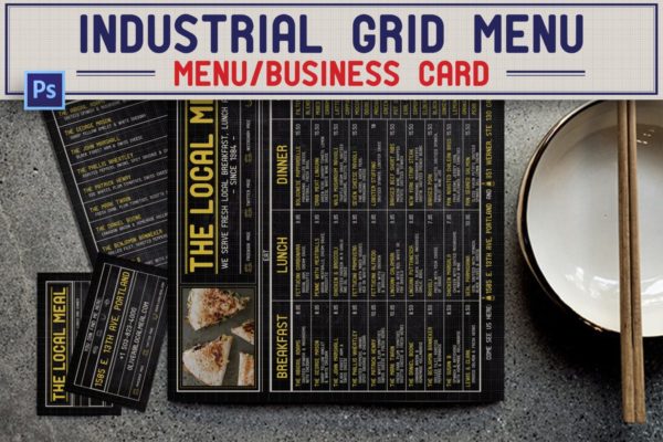 餐厅小食店横向网格菜单PSD模板设计素材 Industrial Grid Menu